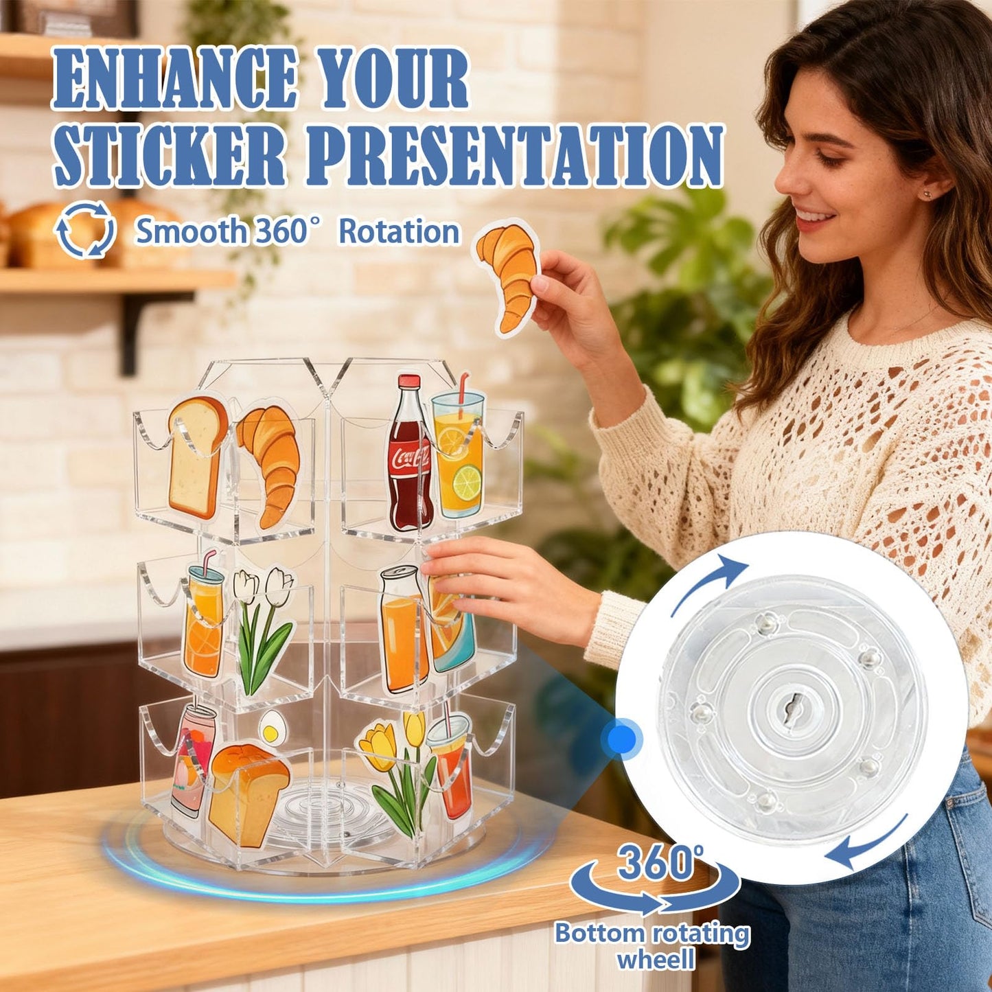 Girouetes Spinning Sticker Display Stand for Vendors, Acrylic Clear 360° Rotating Sticker Card Holder for Retail, No Assembly Required 3 Tier 9 Pockets Business Card Organizer Rack for Tabletop Office Home Desk