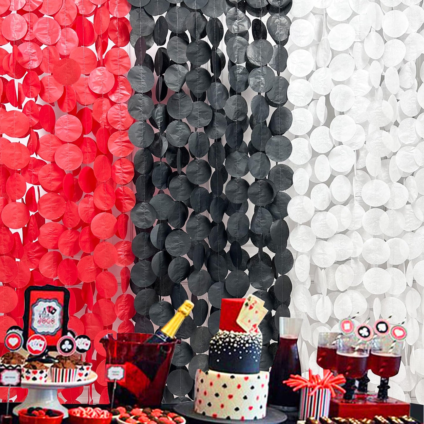192Ft Red Black White Party Decorations Big Circle Dots Backdrop Streamer Garland for Graduation Birthday Bachelorette Engagement Baby Shower Wedding Las Vegas Casino Poker Pirate Party Supplies