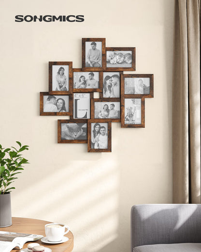 SONGMICS 4x6 Picture Frames Collage Wall Decor, 12-Pack Photo Collage Frame, Multi Picture Frame Set with Glass Front, Assembly Required, Rustic Brown URPF022X01