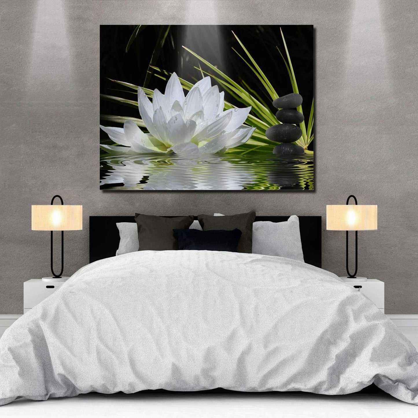Canvas Wall Art - White Lotus and Black Zen Stones Picture, Modern Wall Decor, 12" x 16"