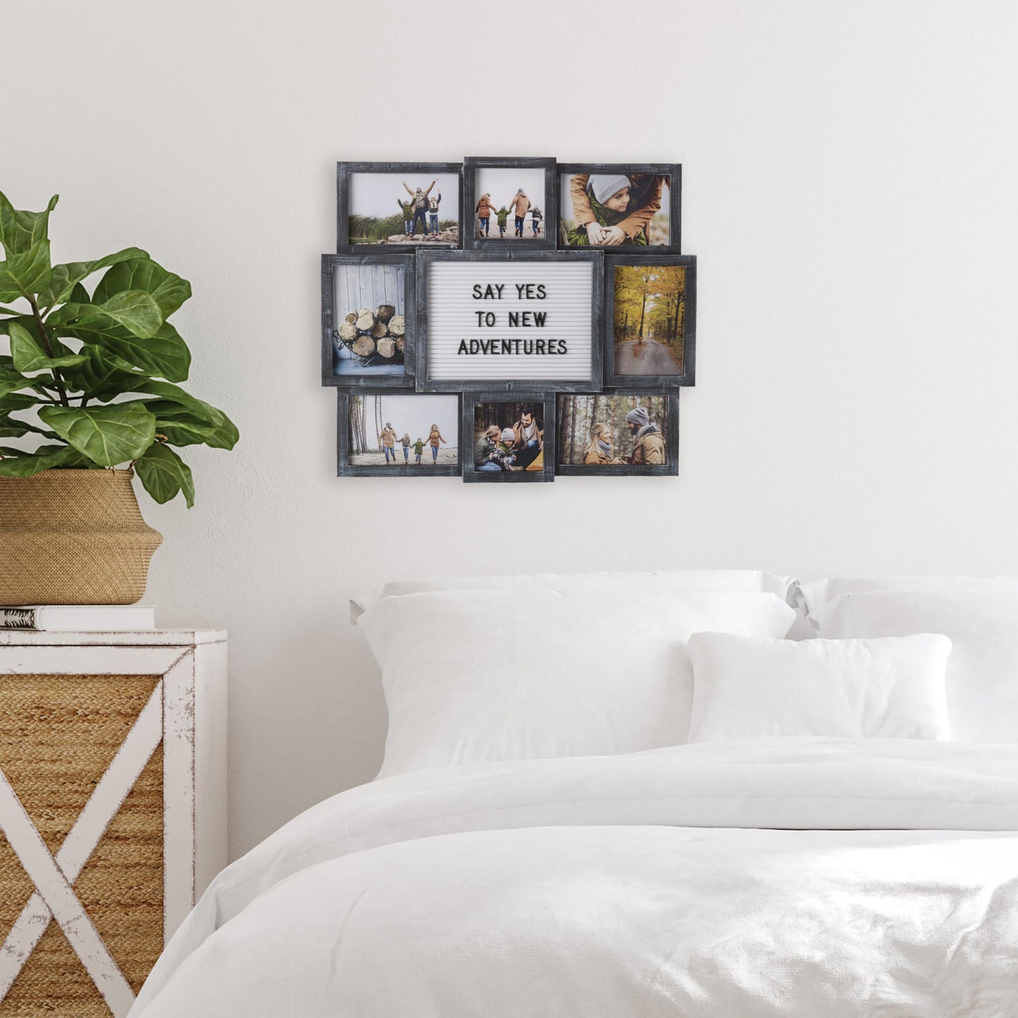 MELANNCO Collage Picture Frame with Letter Board, 8 Opening Photo Display for 4x6 and 4x4 Photos, 19 x 17 Inch Wall Decor with 144 Changeable Letters, Numbers and Symbols, Distressed Black