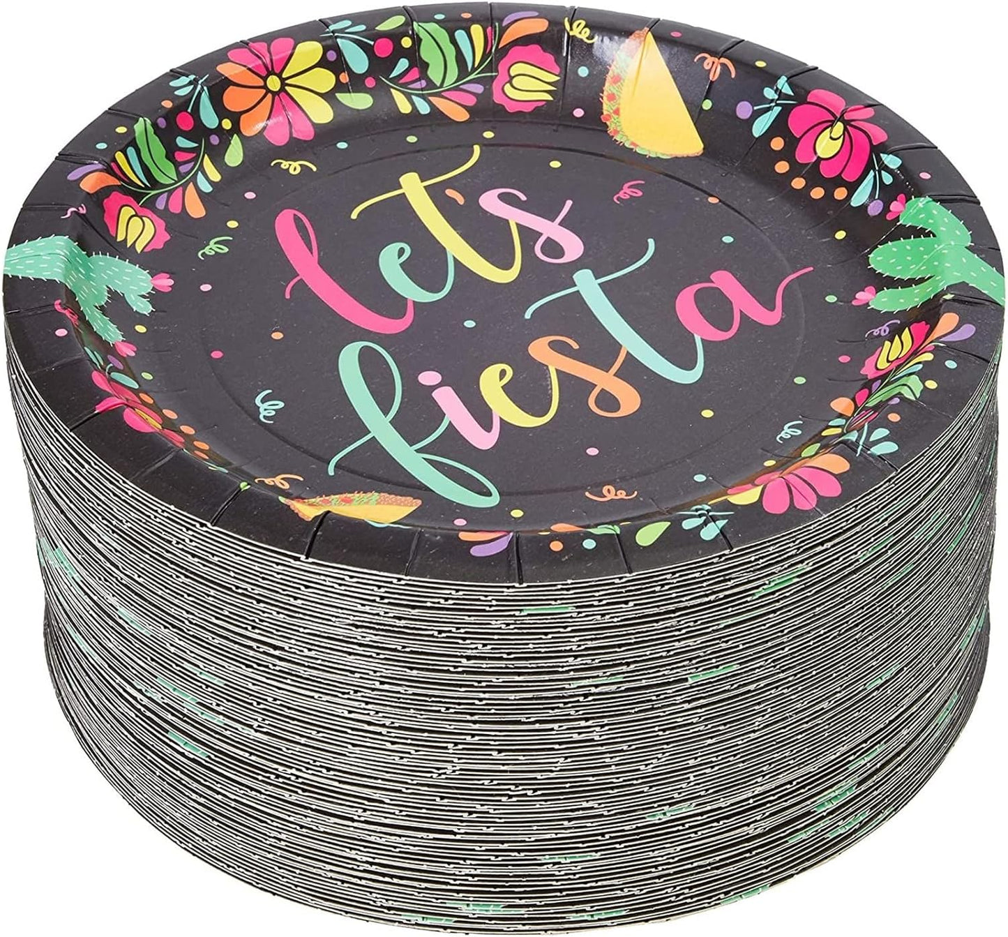 80 Pack Let's Fiesta Party Plates - 7 inch Decorative Dinnerware for Special Occasions (Black)