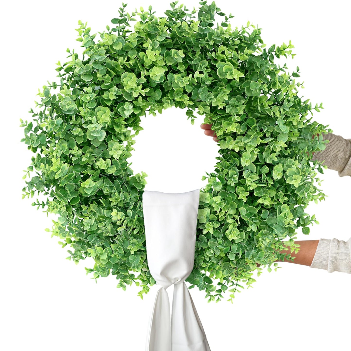 26" Artificial Eucalyptus Wreath with Sash for Front Door, Porch, Window - Large Faux Eucalyptus Leaves Greenery Outdoor Wreath for Home, Farmhouse Decor - Spring, Summer, All Seasons (Green)
