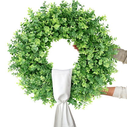 26" Artificial Eucalyptus Wreath with Sash for Front Door, Porch, Window - Large Faux Eucalyptus Leaves Greenery Outdoor Wreath for Home, Farmhouse Decor - Spring, Summer, All Seasons (Green)