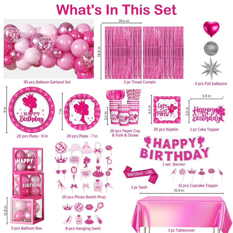 276PCS Hot Pink Birthday decorations Tableware Set Serve 20 Guests, Glitter Happy Birthday Banners, Hanging Swirls, Backdrops, Foil Balloons, Tableware Set, Photo Props for Girls