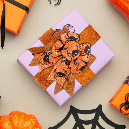 Whaline 6 Rolls Halloween Wired Edge Ribbon 2.5 Inch 30 Yards Glitter Purple Orange Black Ghost Boo Pumpkin Spider Printed Ribbon for Bow Wreath Craft Gift Wrap Party Decor