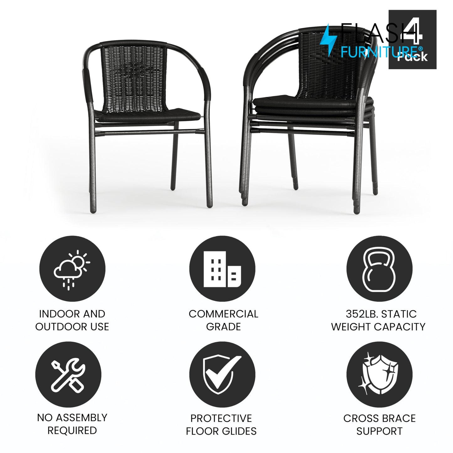 Flash Furniture Lila Modern Rattan Indoor/Outdoor Stackable Dining Chairs, Stacking Rattan Bistro Chairs for Patio or Restaurant, Set of 4, Black