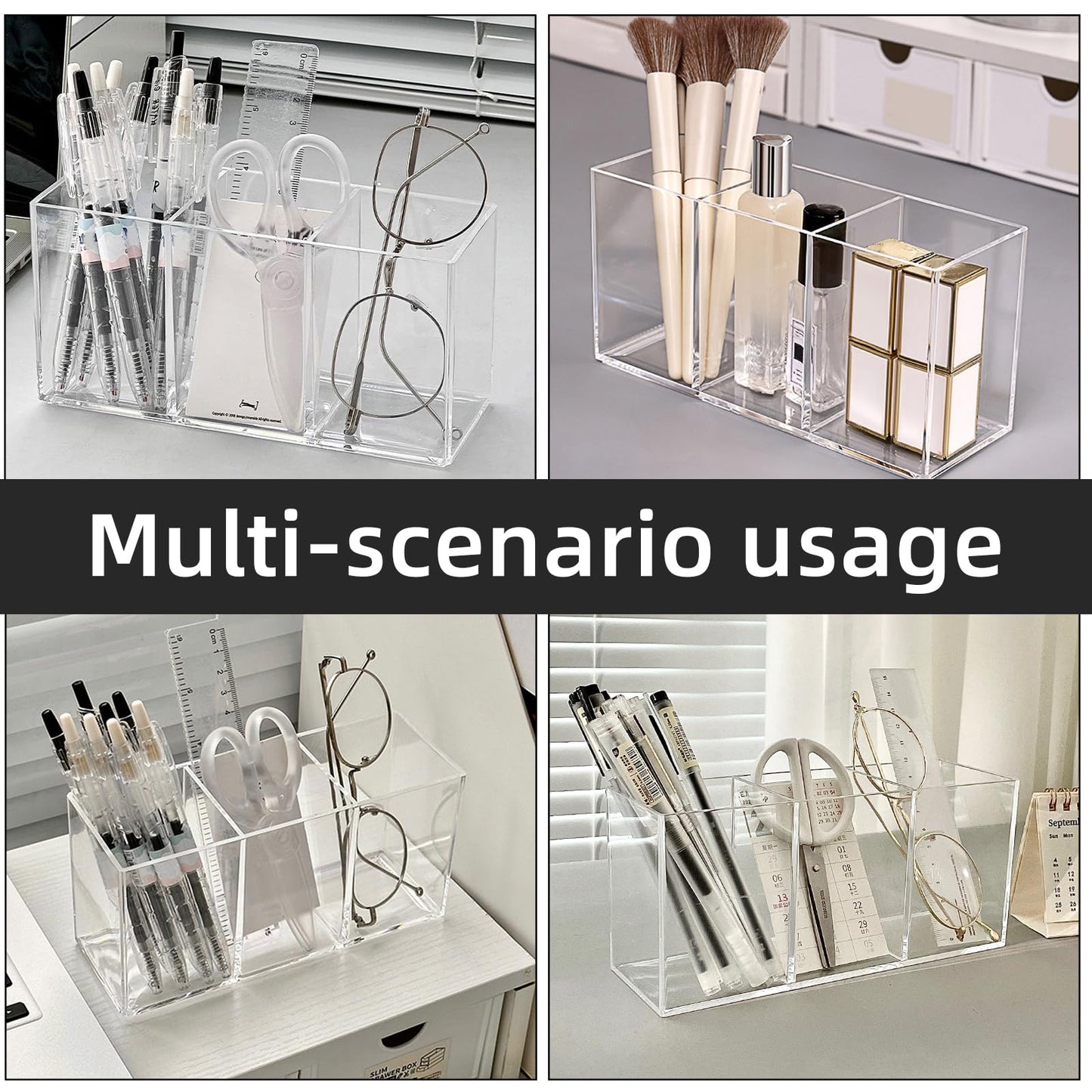 eieioo Acrylic Makeup Brush Holder, 2 Pack Clear Pencil Holder, Desk Accessories Holder with 3 Compartments, Brush Organizer for Vanity, Desk, Cosmetic Display