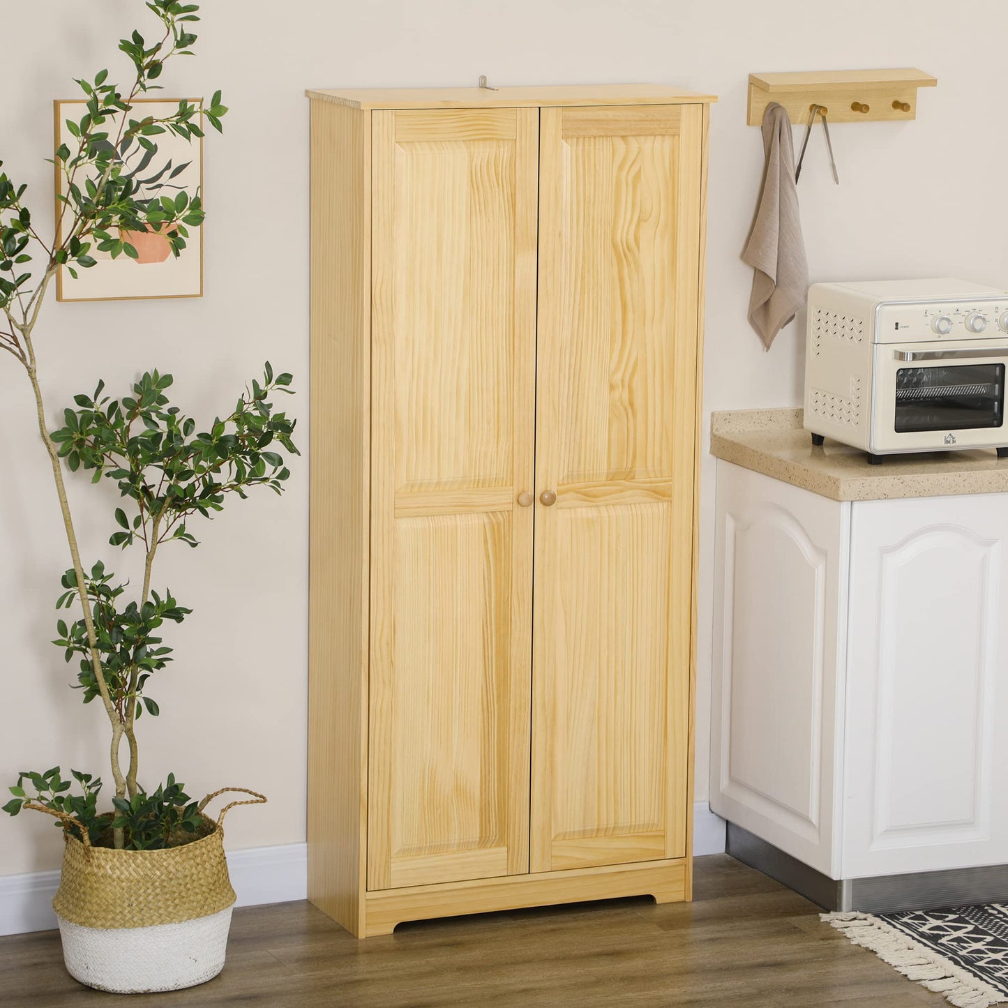 HOMCOM 67" Pinewood Kitchen Pantry Storage Cabinet, Freestanding Cabinets with Adjustable Shelves, Solid Wood Food Pantry with Soft-Close Doors for Living Room Dining Room, Light Brown