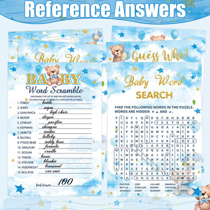 Funnymoom 426 Pcs Blue Theme Bear Baby Shower Decorations Games Set-8 Games Includes Bearly Wait Baby Shower Decorations Bingo Prediction and Advice How Big is Mommy's Belly Don't Say The Words
