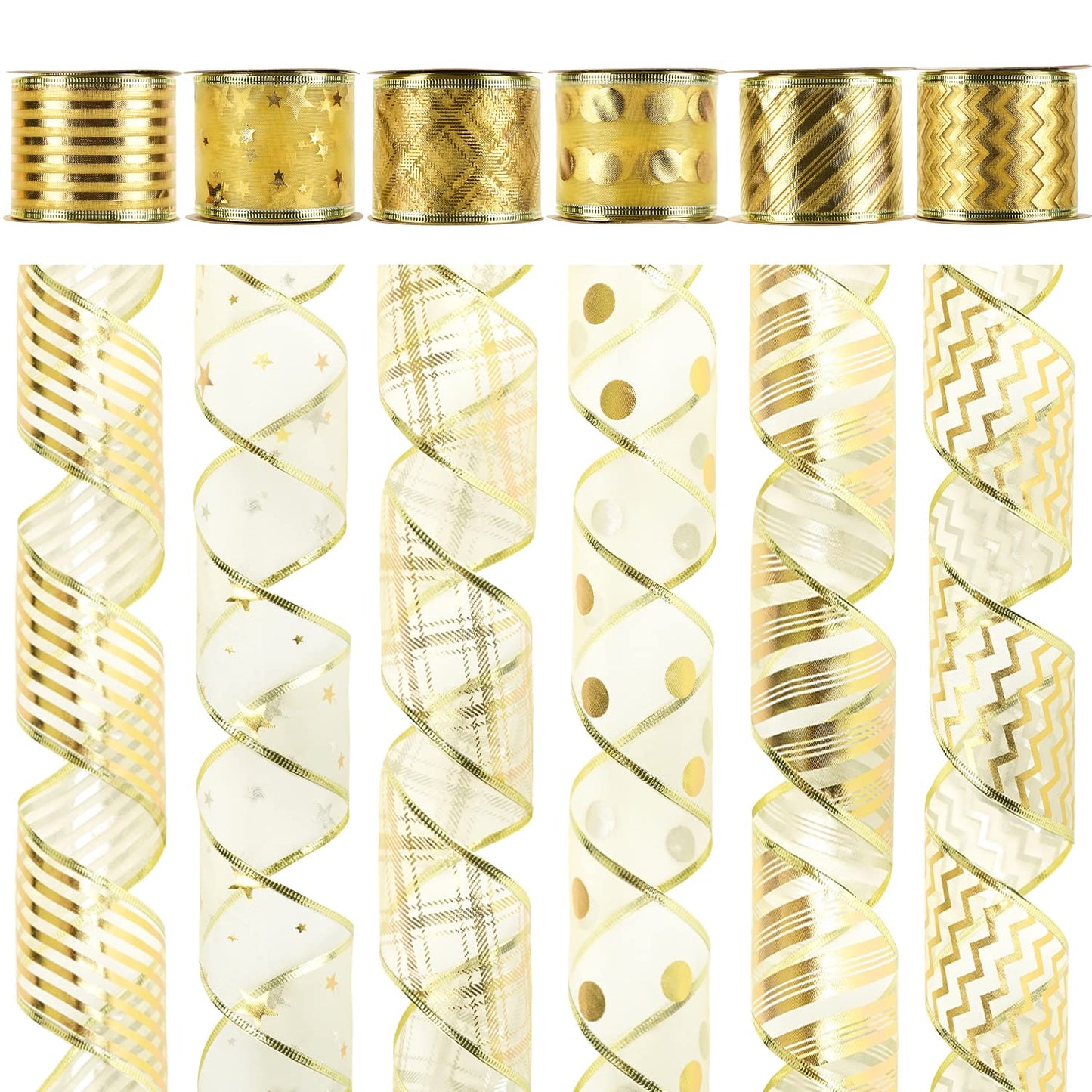MEEDEE Gold Ribbon for Christmas Tree Decoration - 2.5 Inch, 6 Rolls, 36 Yards - Star and Stripe Wired Ribbon for Tree Garland and Crafts