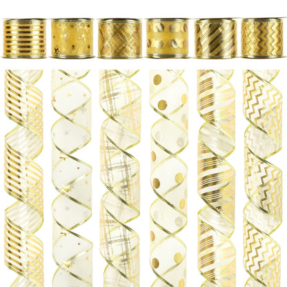 MEEDEE Gold Ribbon for Christmas Tree Decoration - 2.5 Inch, 6 Rolls, 36 Yards - Star and Stripe Wired Ribbon for Tree Garland and Crafts