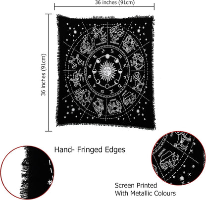 Indian Consigners Zodiac Altar Cloth for Witchcraft Tarot Spread, 36 by 36 Spiritual Square Cloth Galaxy (Zodiac Silver)