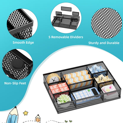 Marbrasse 2 Pack Desk Drawer Organizer, Mesh Drawer Organizer Tray with 8 Adjustable Compartments, Desk Organizers and Accessories, 5 Dividers Drawer for Office Supplies, Makeup & Vanity (Black)