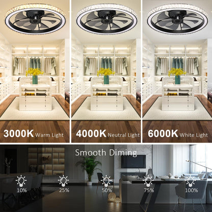 Aipsun 26" Low Profile Modern Crystal Chandelier Ceiling Fans with Lights and Remote, 3000K-6500K Smart Bladeless LED Fan Light, Black Modern Ceiling Fans with Lights for Bedroom
