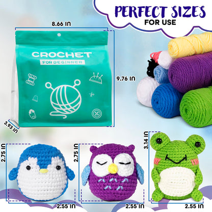 Animals Crochet Kit for Beginners – Set of 3 Easy-to-Use Knitting Kit for Adults with Yarns, Tools & Instructions for Creating Handmade Gifts, Nice for Stress Relief, Great as Mothers Day Gift for Mom