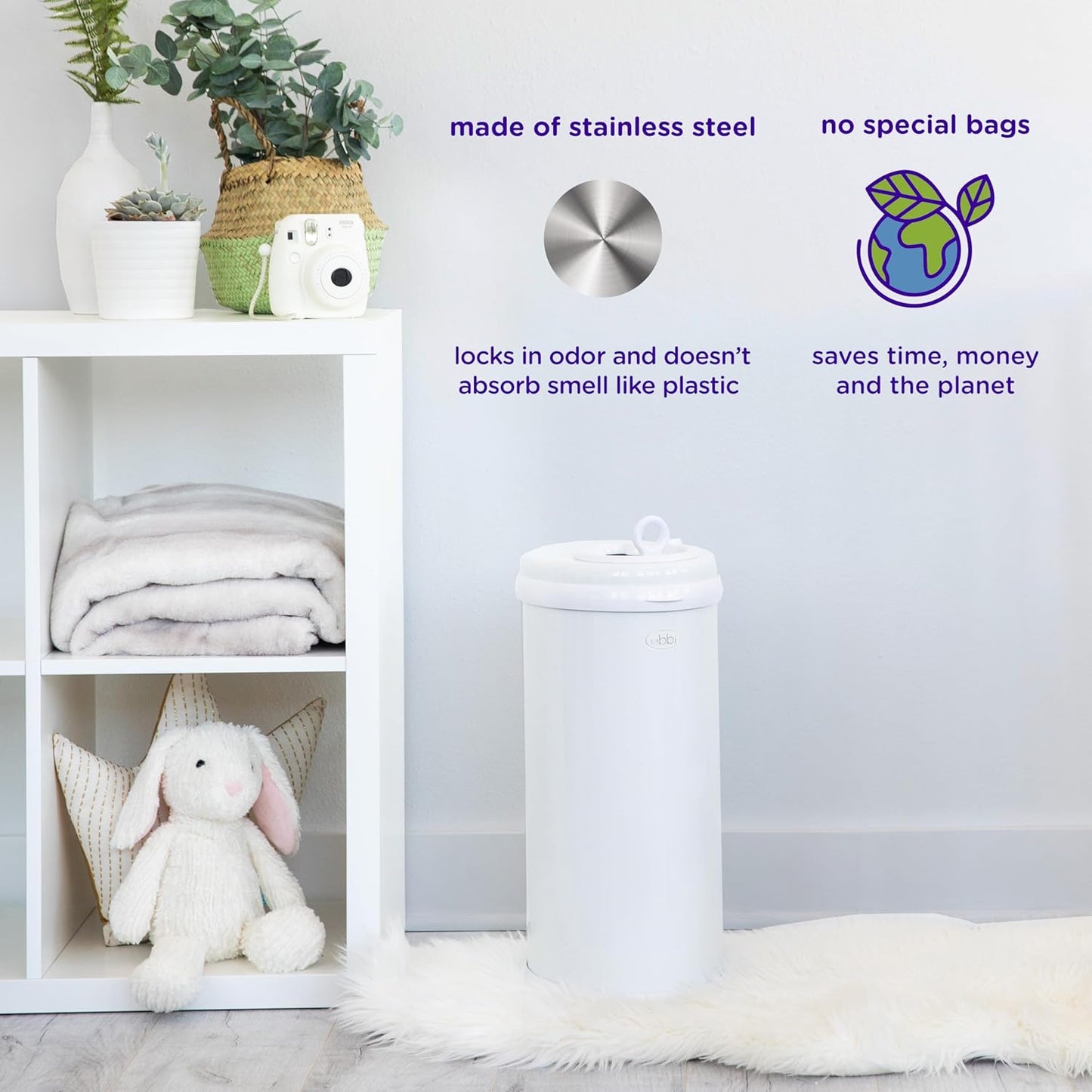 Ubbi Stainless Steel Diaper Pail - Odor Locking Design, No Special Bag Needed | Award-Winning Matte Ivory