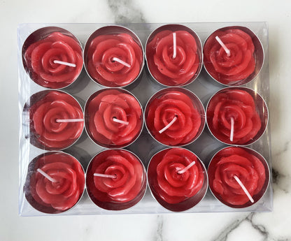 Rose Tealight Candles,12 Pieces Handmade Delicate Flower Candles with 100PCS Silk Rose Petals,Mini Candle Discs for Weddings,Anniversaries, Birthdays,Home Decoration,Spa,Relaxation (Red)
