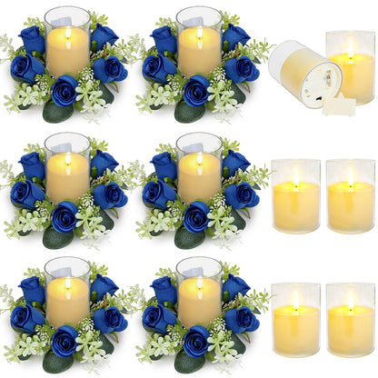 Tobilu 6 Sets Artificial Roses Candle Rings - Roses Floral Rings Wreaths with LED Candles Eucalyptus for Centerpieces Table Cabinets Front Doors Wedding Home Party Decor - Royal Blue