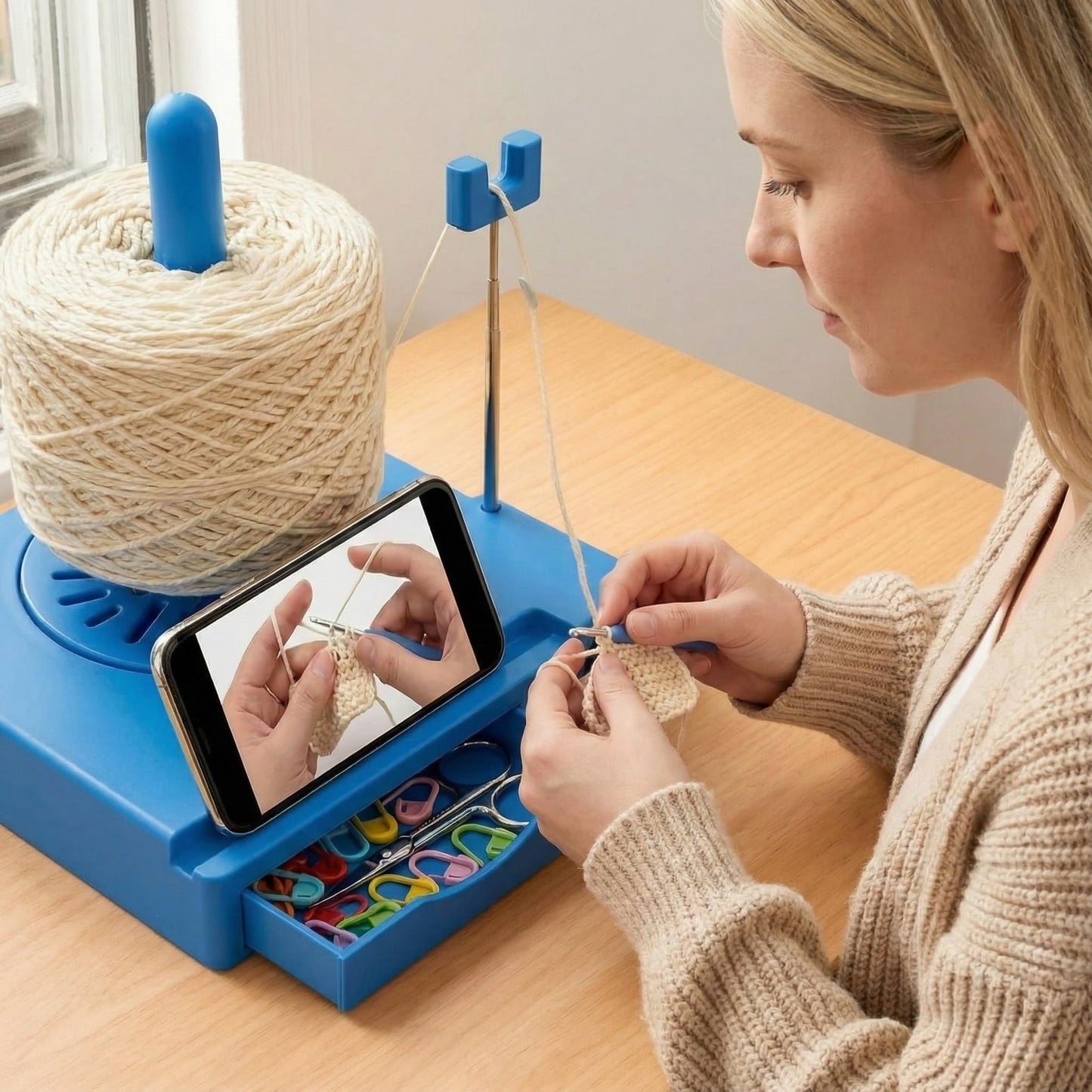 Portable Yarn Holder Spinner with Phone Stand | Detachable Spool Box & Crochet Organizer | Multi-Functional Knitting Accessory for Crocheters & Knitters (White)