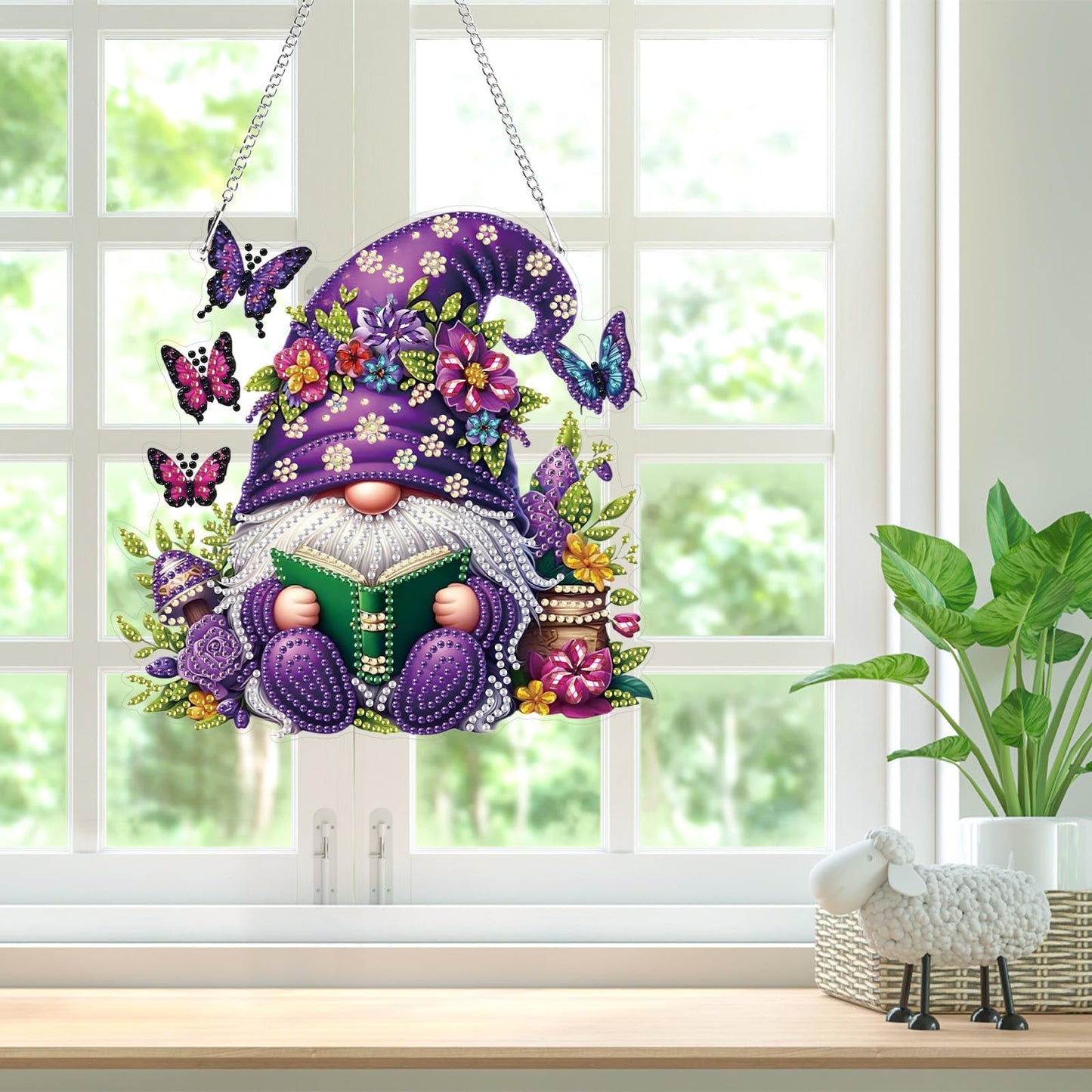 Bowetile Gnome Diamond Art Hanging Kits for Adults, 5D Special Shape Diamond Painting Flowers Pendant Kits, Gem Art Suncatchers Painting Window Ornament for Home Garden Wall Decor