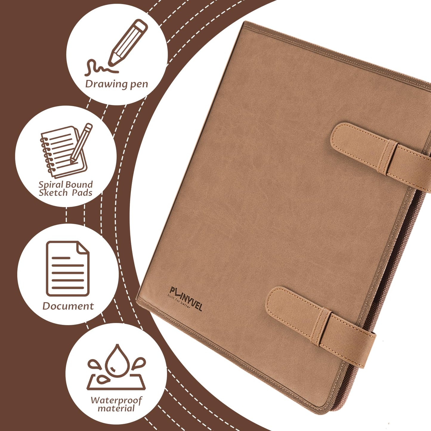 Plinyvel Leather Sketchbook Cover for 9x12 - Travel Portfolio Case with Storage, Holds Large Sketch Book & Spiral Pad | All-in-One Artist Organizer with Pencil Holder (Brown)