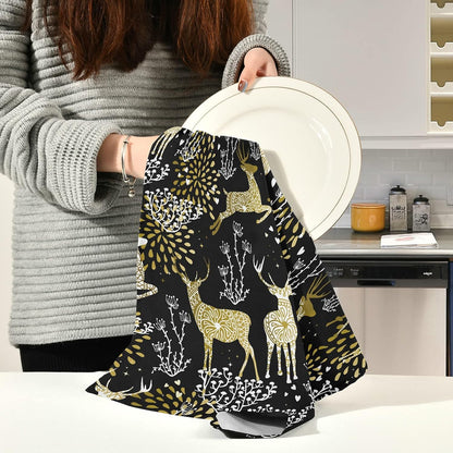 ALAZA Christmas Reindeer Gold Black Decorative Kitchen Dish Towels Set of 4, Soft Absorbent Kitchen Hand Towels, 18 x