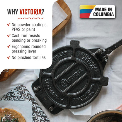 Victoria Cast Iron Tortilla Press - 8 Inch Roti Maker Seasoned with Flaxseed Oil | Traditional Black Design