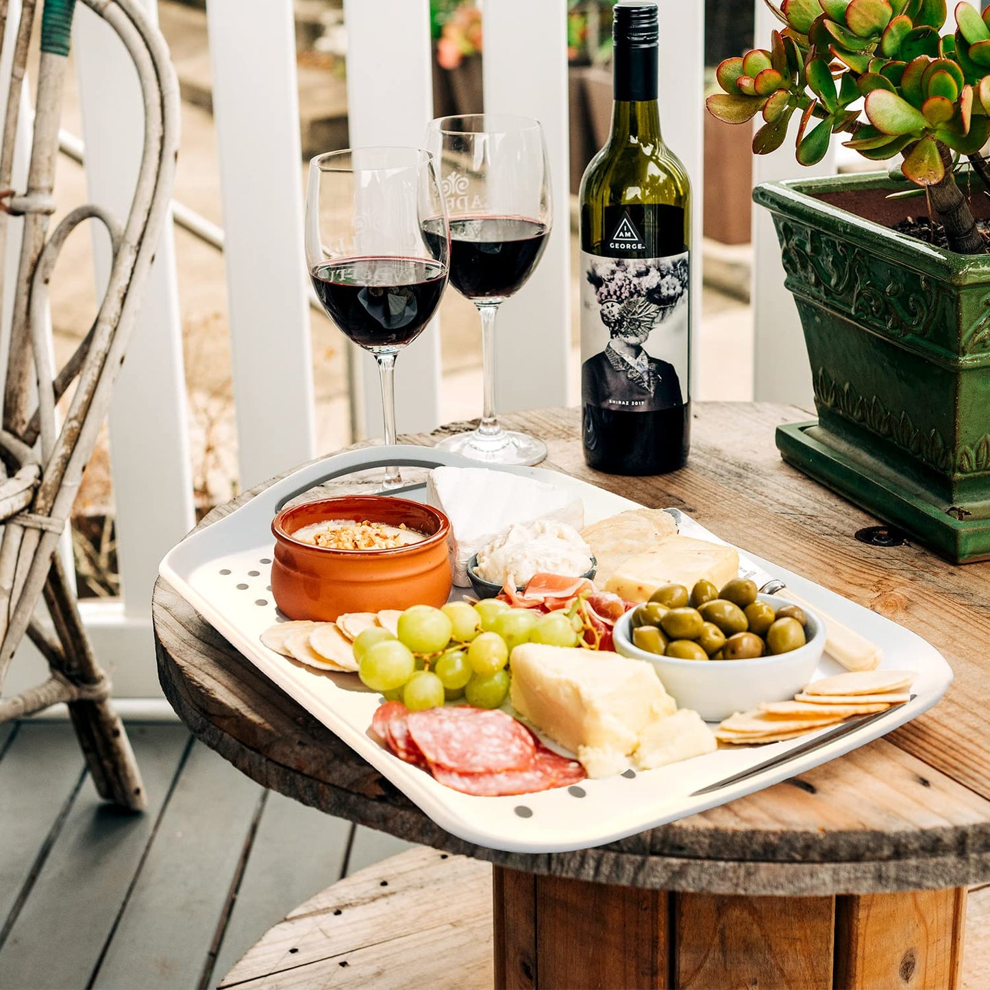 Large Non Slip Serving Tray with Handles, Silicone Gripping Nubs Lap Food Trays for Eating, Dishwasher Safe Serve for Dinner Snack Fruit Dessert Breakfast Beverage, Rectangular, Set of 2, White