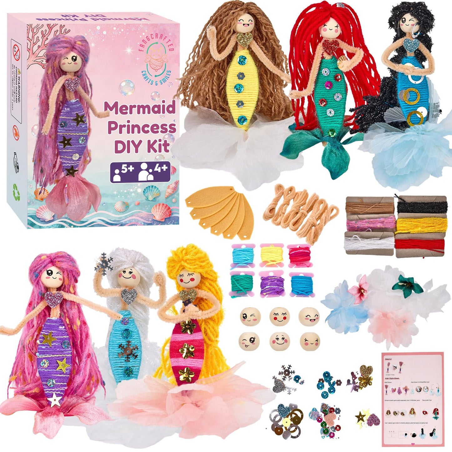 FANGCRAFTED Mermaid Princess Dolls Making Mess Free Yarn Wrapping Craft Kits, 6 Individually Packed Craft Kits for Boys Girls Age 4 5 6 7 8 9 10 11 12, Mermaid Birthday Party, Craft Supplies