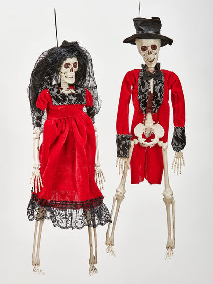 16" Hanging Dressed Halloween Skeleton Groom & Bride, Set of 2