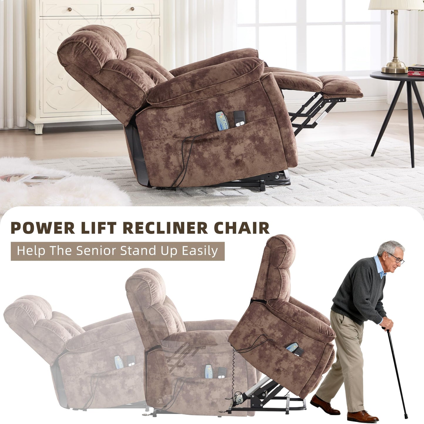 CANMOV Power Lift Recliner Chair for Elderly with Vibration Massage and Lumbar Heating, Overstuffed Electric Lift Chair with Side Pocket and 2 Cup Holders for Living Room, Brown