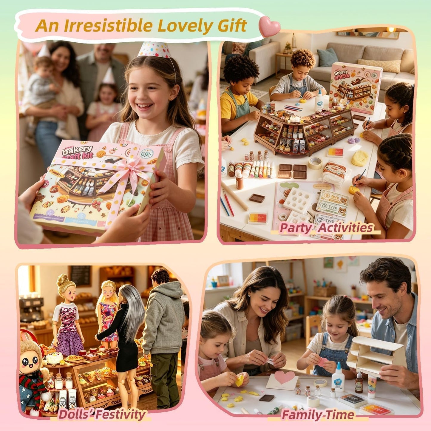 iLAND Fun Craft Kits for Kids Cute Clay Bakery Shop DIY Set, Creative Kids Toys Girls 6-8-10, 1:6 Scale Miniature Food Toys fit Doll Figure 9-12”, New Best Christmas Birthday Gift for Girls Age 7 9 11