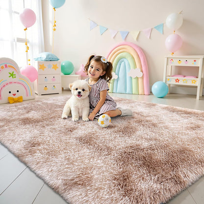 OLANLY Area Rug - Soft Fluffy Shaggy Design | Machine Washable 4x5.9 Feet | Beige Tie-Dye for Living Room & Nursery Decor