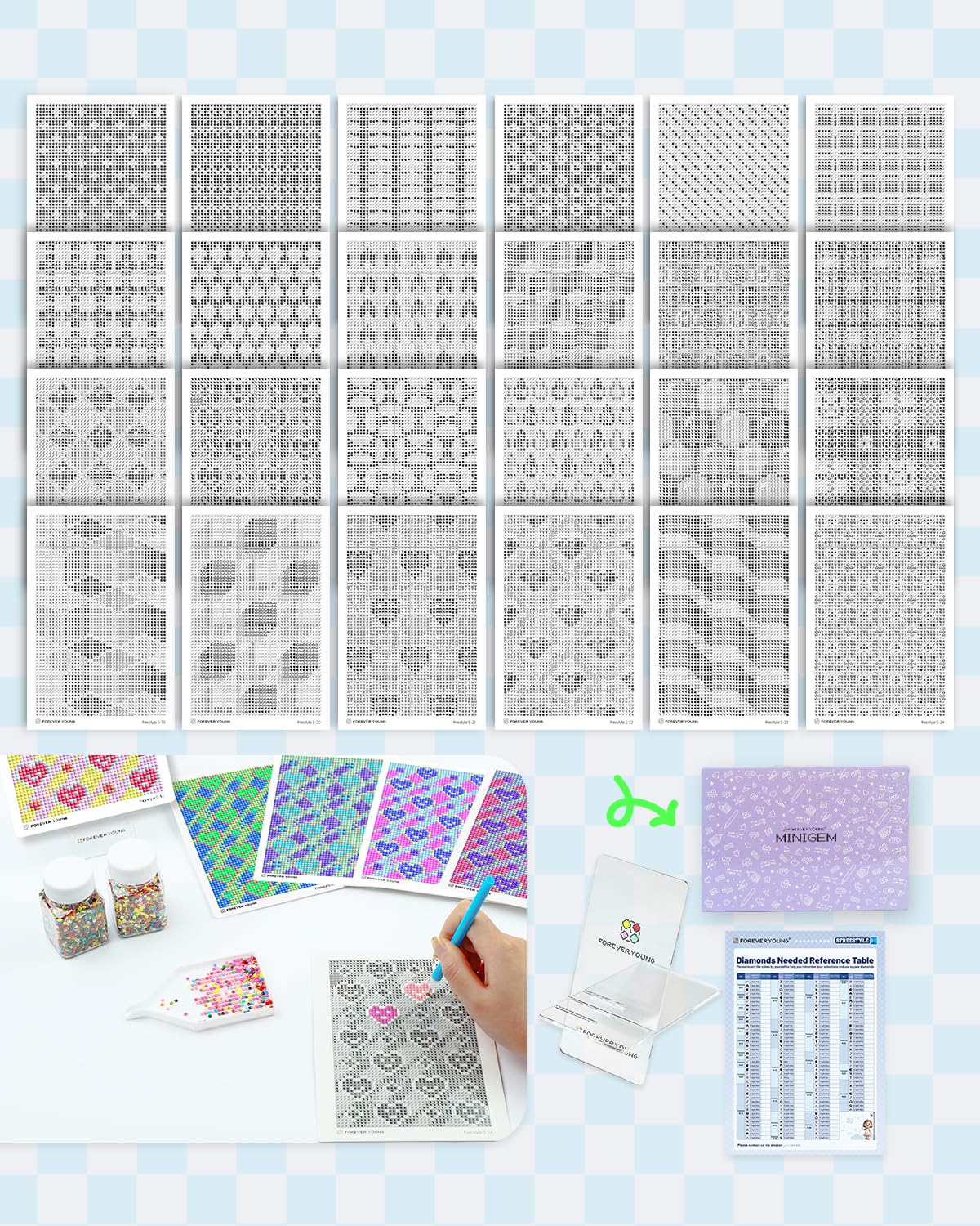 forever young 24 Designs Diamond Freestyle Cards for Beads, 5x7 Blank Diamond Art Cards with Glue for Square Dots for Adults, Postcard-Style Diamond Painting Accessories (No Drills)