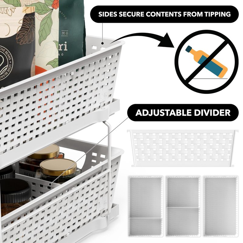 Simple Houseware 2 Tier Bathroom Organizer Tray Pull-Out Sliding Drawer, Under Sink Storage, White