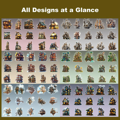 Moriquill 90PCS Gear Cabin PET Stickers – Steampunk Fantasy House Sticker for Scrapbook Journaling Crafting Collage Art Mixed Media DIY Planners Decoration Supplies