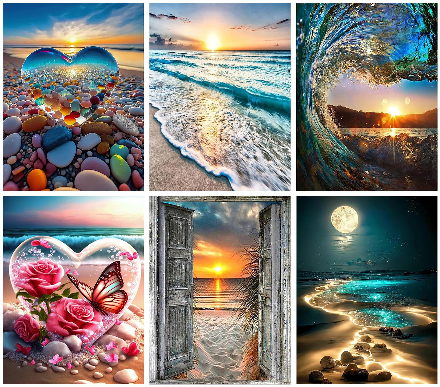KINPLUB 6 Pack Diamond Painting Kits for Adults, 5D Beach Diamond Art Kits for Beginners, DIY Full Drill Paint with Diamond Gem Art, Home Wall Decor 12 x 16 Inch