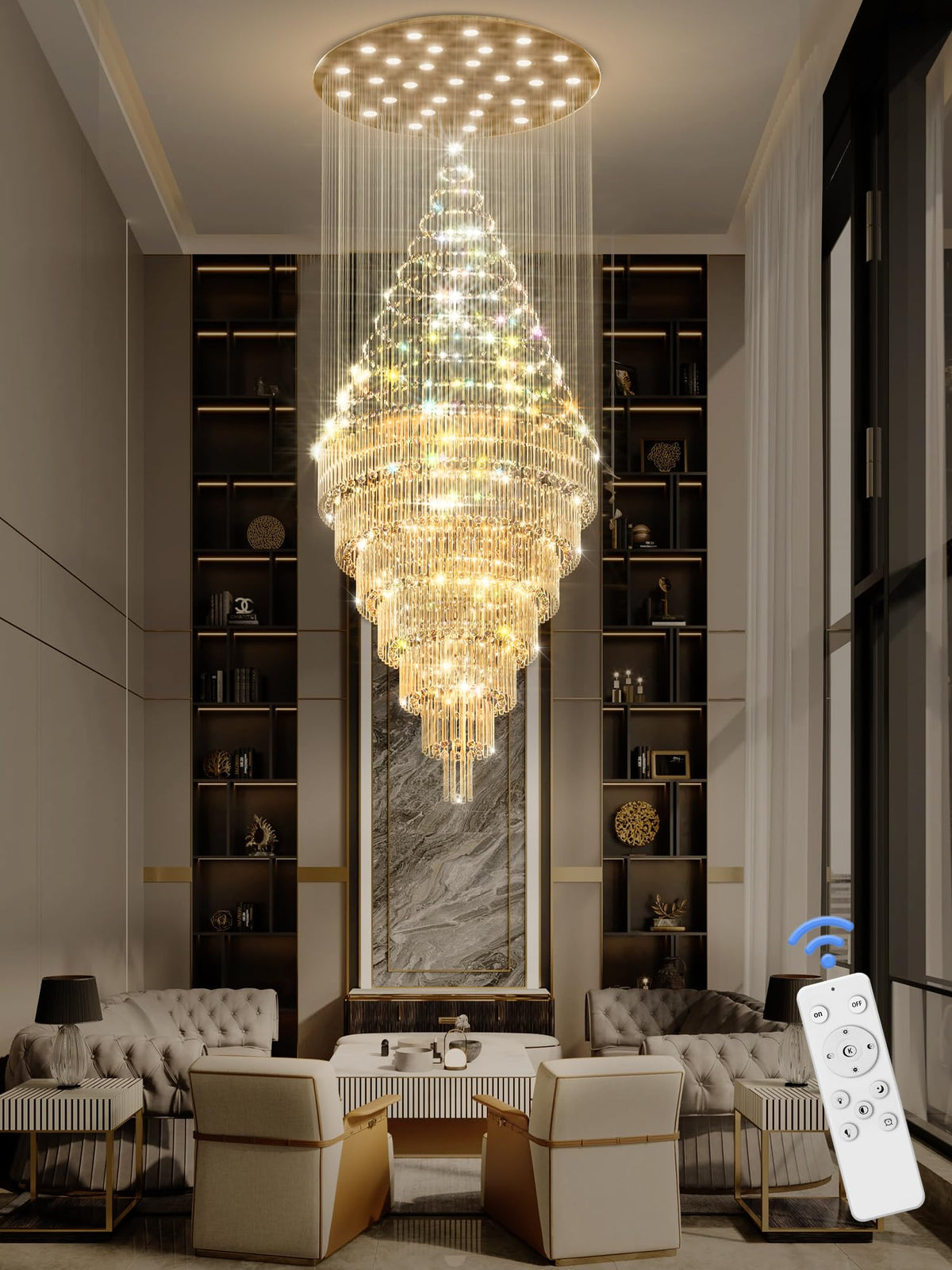 Flashing God D59''X H120'' Large Chandelier for High Ceiling, Modern Crystal Chandeliers Lighting Fixture Raindrop Chandelier for Entryway Staircase Foyer Living Room