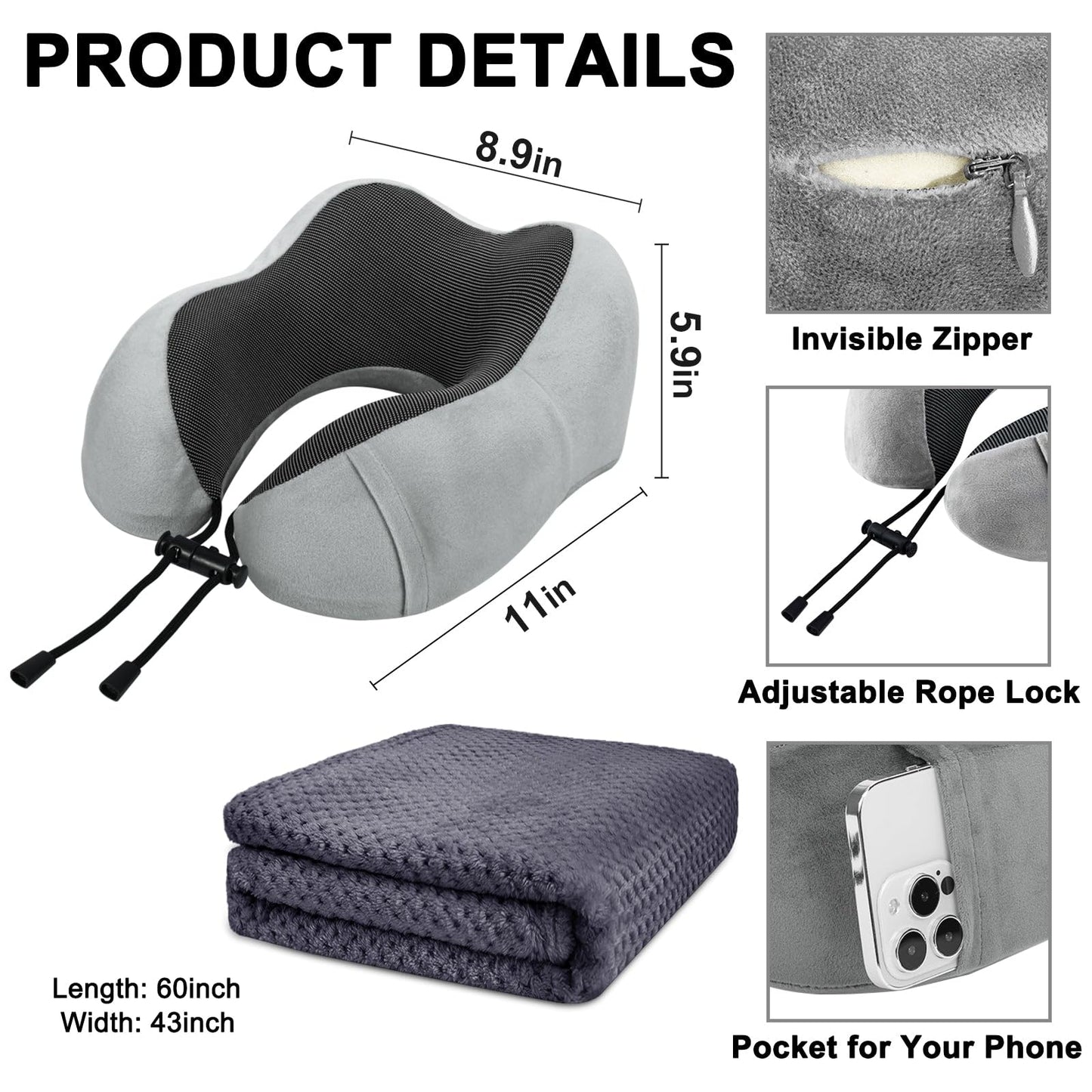 urnexttour Travel Pillow and Blanket Set Neck Pillow Airplane Memory Foam for Traveling Compact with Bag Grey