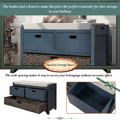 GDFStudio 2-Tier Shoe Storage Bench with Removable Basket & 2 Drawers, Farmhouse Entryway Shoe Organizer Bench with Upholstered Cushion, Wood Entry Bench Fully Assembled for Hallway Living Room, Navy