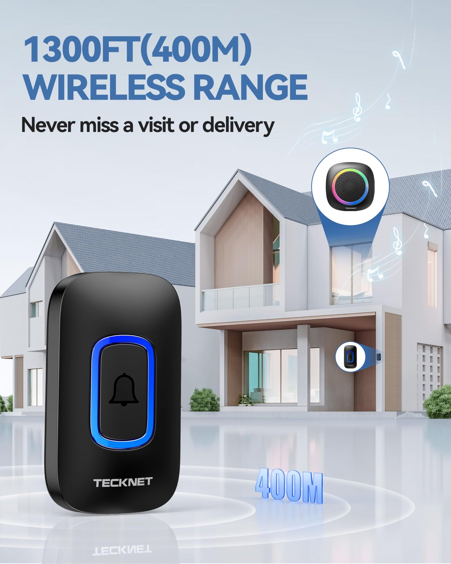 TECKNET Plug-in Wireless Doorbell with RGB Lighting & 1300 Feet Range,IP66 Waterproof Doorbell for Home/Classroom/Office/Business,60 Chimes,5-Level Volume,4.5-Year Battery Life(White)