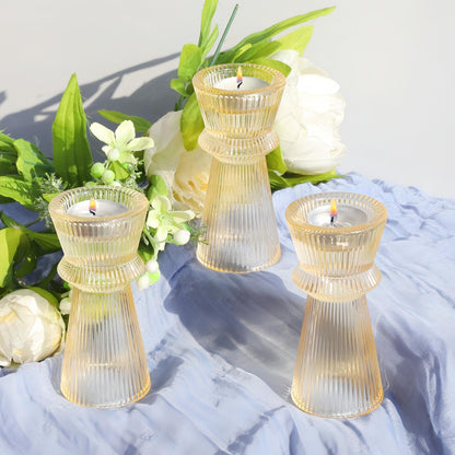 VOHO Gold Candlestick Holders for Holiday Decor, Set of 3 Ribbing Glass Taper Candle Holders Classy for Wedding Christmas Table Centerpieces, Gold Candle Holders for Candle Sticks & Tealight Candles