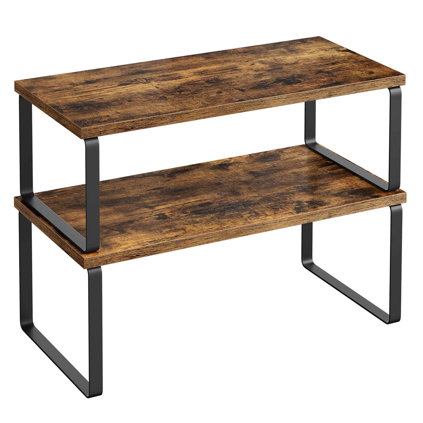 SONGMICS Cabinet Organizer Shelf, Set of 2 Kitchen Counter Shelves, Kitchen Storage, Spice Rack, Stackable, Expandable, Metal and Engineered Wood, Ink Black and Natural Beige UKCS02NB