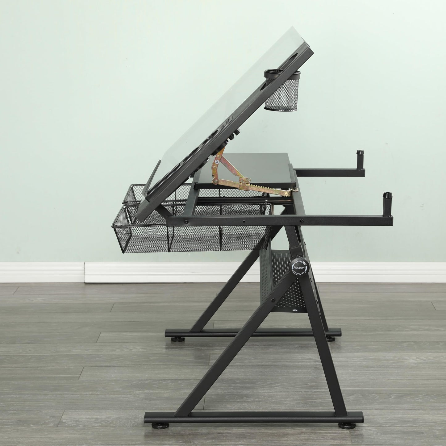 Adjustable Drafting Table with 0-75° Glass Top, Height Adjustable Standing Desk for Artists, Writing Desk for Home Office, Computer Desk with Storage, Black Long Desk for Designers & Art Students,A-1