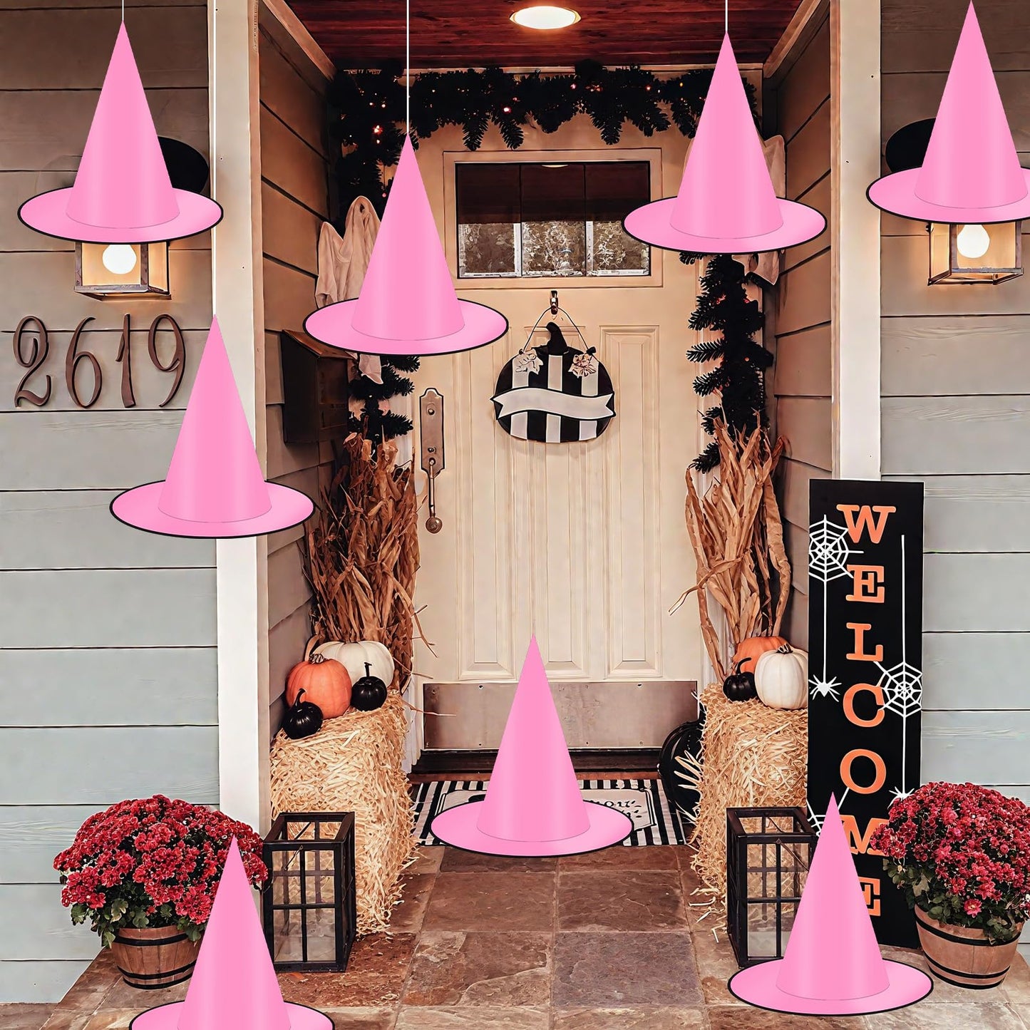 Coneatness 12 PCS Witch Hats with Hanging Rope, 16 PCS 3D Bats Stickers for Halloween Indoor Outdoor Yard Decor, Pink Party Decorations, Wizard Costume for Women