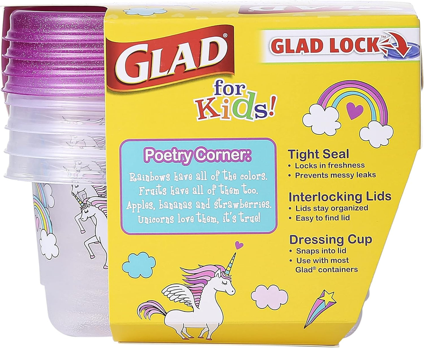 Glad for Kids GladWare Snack Containers, Unicorn Design, BPA-Free Plastic, 24oz, 4 Count, Pink