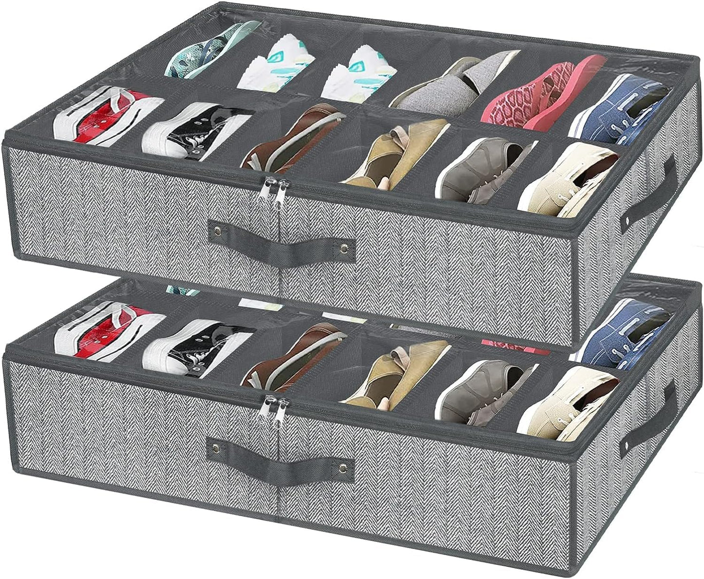 Under Bed Shoe Storage Organizer for Closet - Fits 24 Pairs, Set of 2 with Clear Cover (Herringbone Grey)