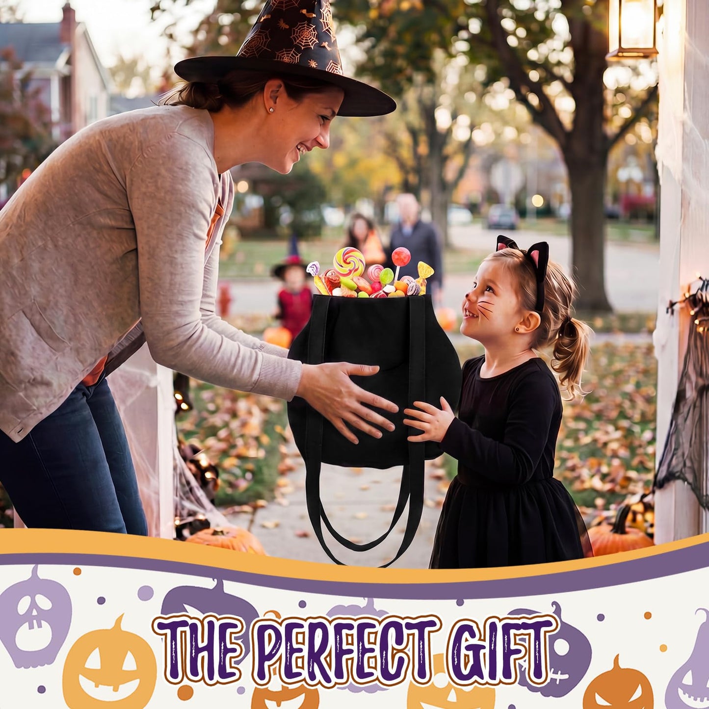 HunnmingRe Halloween Trick or Treat Tote Bag Cotton Reusable Cauldron Candy Bag Bolsitas Para Dulces De Cute Cauldron Bucket and Basket for Trick or Treat Gift Halloween Party Favor