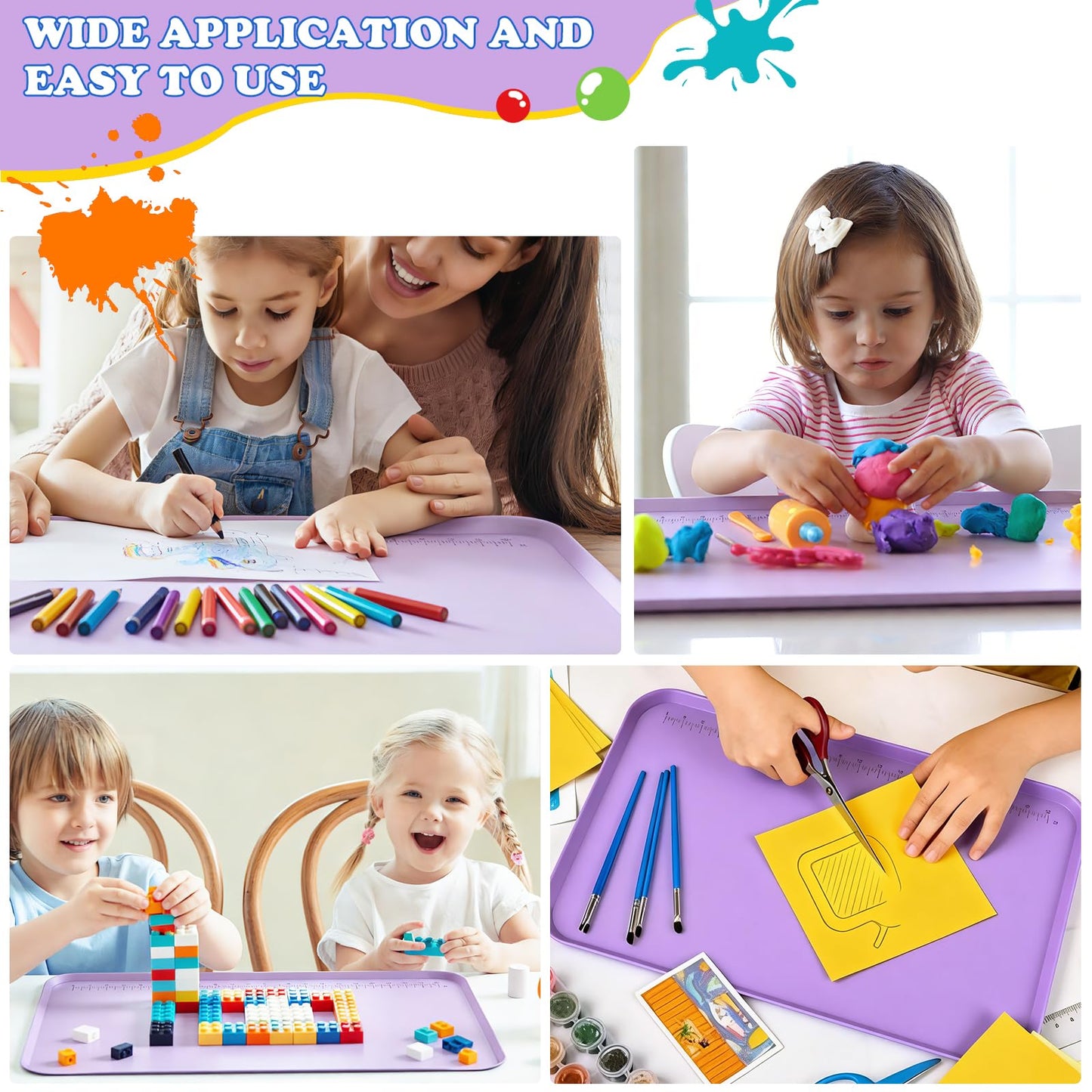 Silicone Art Mat for Crafts, 24" x 16" Silicone Painting Mat with Raised Sides to Stay Tidy, Play Sand, Legos, Slime, Resin & Jewelry-Making, DIY Crafts Mat (Purple)